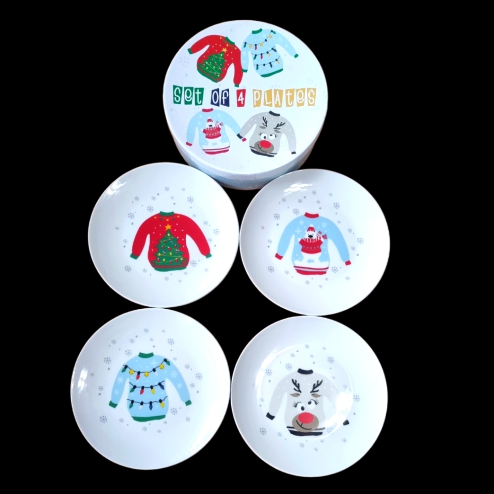 Set Of 4 Christmas Ugly Sweater Plates 8"